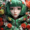 3d 32位印刷动漫，nft，Hello Kitty，几何图案，充满活力的眼睛，柔和的调色板，Gabriel Pacheco，对比度，森林绿色背景，虚幻引擎--v 5.2 --ar 2：3 --q 2
