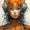 拥有控制论面孔和金属特征的网络女人，雅切克·马尔切夫斯基（Jacek Malczewski）风格，深橙色和浅青色，让-巴蒂斯特·蒙格（jean-baptiste monge），强烈的面部表情，肯尼思·罗卡福特（kenneth rocafort），错综复杂的插图，heistcore --ar 85：128 --styleston 750 --v 5.2