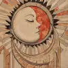 
一件由一幅展示太阳和月亮的旧画作制成的艺术品，塔罗牌风格，保罗·凯瑟罗，阳光照射在上面，米尔顿玻璃，浅棕色和红色，迷幻肖像，盎格鲁哥特式


--ar
 85：128