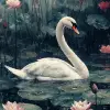 A graceful swan with pure white feathers and elegant lily pads detailed with delicate water droplets in the scales, a serene pond background in the background very tranquil, Karma, a representation of