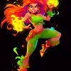 俏皮顽皮的游戏角色，2010年代装饰风格，大胆妆容，Mike Ploog的Arcade 1990年代Point And Click 16 Bit Adventure游戏艺术，充满活力的绿眼睛，鲜艳的红唇，火热的橙色头发，霓虹绿色配饰，闪闪发光的装饰，尖刺的发型，古代王朝特征，耀眼的紫水晶纤维，神奇的权杖，和神秘的深色花卉服装--q2--niji 5 --ar 2：3
