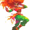 俏皮顽皮的游戏角色，2010年代装饰风格，大胆妆容，Mike Ploog的Arcade 1990年代Point And Click 16 Bit Adventure游戏艺术，充满活力的绿眼睛，鲜艳的红唇，火热的橙色头发，霓虹绿色配饰，闪闪发光的装饰，尖刺的发型，古代王朝特征，耀眼的紫水晶纤维，神奇的权杖，和神秘的深色花卉服装--q2--niji 5 --ar 2：3