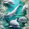 九只好奇的海豚以奥斯汀·布里格斯（Austin Briggs）的风格在波光粼粼的海洋顶部跳跃，顽皮而欢乐的氛围，海蓝宝石和白色，动态的剪裁，阳光明媚的场景，16世纪，纸质艺术，海洋风格的图案，干净而充满活力的背景--ar 2：3 --v 5.2
