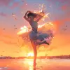 An illustration of a dancer twirling on a beach, with golden sunset as the background, in the style of Realistic art, full body, Panorama, ultraviolet --ar 2:3 --niji 5