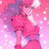 腰部向上，流行漫画中的神奇女孩的数字半身肖像，摆出自信的姿势，神秘的真空中，迷人，波尔卡圆点，无缝、干净且充满活力的粉红色背景--ar 2：3 --q2--niji 5