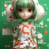 3d 32位印刷动漫，nft，Hello Kitty，几何图案，充满活力的眼睛，柔和的调色板，Gabriel Pacheco，对比度，森林绿色背景，虚幻引擎--v 5.2 --ar 2：3 --q 2