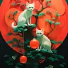 三只顽皮的小猫在绿树顶上有一个红球，采用Tyrus Wong的风格，欢快而充满活力的氛围，大胆而活泼，异想天开的剪裁，阳光明媚的场景，Fractal Art，纸质艺术，自然灵感的图案，干净而充满活力的背景--ar 2：3 --v 5.2