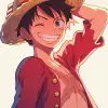 a sticker of Monkey D. Luffy from one piece, straw hat, smirk, anime style, minimalist design, trending on ArtStation --ar 2:3 --q 2 --niji 