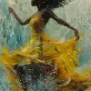 一幅穿着黄色连衣裙的女人的画作，以乔拉姆·鲁克斯的风格，舞蹈，尼尔·盖曼，优雅的动作，斯坦利·平克，玻璃制成，解体--ar 2：3 --styleum 750 --v 6