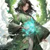 戴着神秘水晶项链的神秘漫画人物，穿着优雅飘逸的长袍，手持自然图案的弓，迷人的绿眼睛，史诗般的风与土弯曲镜头，珊瑚艺术，超高细节--ar 2：3 --niji 5