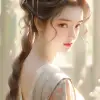 腰部，全景镜头优雅的女孩，仙霞风格，妆容精致，罗伯特·德劳奈印象派风格，迷人的蓝宝石眼睛，丰满的桃子嘴唇，飘逸的栗色头发，闪闪发光的钻石耳环，精致的发髻，飘逸的发型，华丽的汉饰，闪闪发光的丝绸纤维，安详的表情，精美的盔甲--q2--niji 5 --ar 2：3