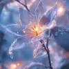 神圣的光，美丽的光谱白色水晶丁香花，闪烁着金光的花瓣，背景白色和蓝色，雪，暴风雪，冰冻，霜冻，反射，明亮，超清晰，透明金属盔甲，守护神，透明，要求严格，光学，超现实，魔法，幻想，构图，艺术站趋势，珍珠，8 k，高清--ar 2：3