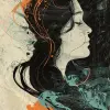 一名[白人女性]的插图，头发[一半浅黑色，一半深棕色]。[Her头发很长]。以海盗的风格。塔罗牌。背景[年份]。核心[霓虹灯]。丝网印刷文物。凌乱的线条和核心。--ar 2：3 --v6
