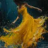 一幅穿着黄色连衣裙的女人的画作，以乔拉姆·鲁克斯的风格，舞蹈，尼尔·盖曼，优雅的动作，斯坦利·平克，玻璃制成，解体--ar 2：3 --styleum 750 --v 6