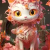 3d 32位角色设计动漫，nft，Hello Kitty，花卉图案，闪闪发光的眼睛，充满活力的调色板，Brian Kesinger，熔岩辉光，黄绿色背景，虚幻引擎--v 5.2 --ar 2：3 --q2