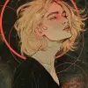 一位[一半浅金色，一半深棕色头发]的[白人女性]插图。[Her头发与肩长]。海盗队风格。塔罗牌。背景[年份]。核心[霓虹灯]。丝网印刷文物。凌乱的线条和核心。--ar 2：3 --v6