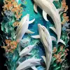 九只好奇的海豚以奥斯汀·布里格斯（Austin Briggs）的风格在波光粼粼的海洋顶部跳跃，顽皮而欢乐的氛围，海蓝宝石和白色，动态的剪裁，阳光明媚的场景，16世纪，纸质艺术，海洋风格的图案，干净而充满活力的背景--ar 2：3 --v 5.2