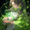 A mysterious manga character in a mystical crystal necklace, wearing elegant flowing robes, holding a nature-patterned bow, enchanting green eyes, epic wind and earth bending shot, Coral art, super hi
