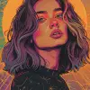 一位[一半浅金色，一半深棕色头发]的[白人女性]插图。[Her头发与肩长]。海盗队风格。塔罗牌。背景[年份]。核心[霓虹灯]。丝网印刷文物。凌乱的线条和核心。--ar 2：3 --v6