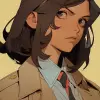 a confident woman detective with a sleek bobbed hairstyle cut and observant brown eyes, wearing a gray detective coat, is examining clues in a dimly lit crime scene, half-body:: portraited, face drawn