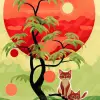 三只顽皮的小猫在绿树顶上有一个红球，采用Tyrus Wong的风格，欢快而充满活力的氛围，大胆而活泼，异想天开的剪裁，阳光明媚的场景，Fractal Art，纸质艺术，自然灵感的图案，干净而充满活力的背景--ar 2：3 --v 5.2