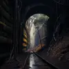 隧道入口处悬挂着一块木板，风格为黑暗、喜怒无常的风景、澳大利亚风景、后处理、traincore、冒险主题、黑暗反射、南方哥特式风格--ar 85：128 --v 5.2