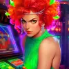 俏皮顽皮的游戏角色，2010年代装饰风格，大胆妆容，Mike Ploog的Arcade 1990年代Point And Click 16 Bit Adventure游戏艺术，充满活力的绿眼睛，鲜艳的红唇，火热的橙色头发，霓虹绿色配饰，闪闪发光的装饰，尖刺的发型，古代王朝特征，耀眼的紫水晶纤维，神奇的权杖，和神秘的深色花卉服装--q2--niji 5 --ar 2：3