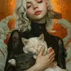 girl with white hair holding two cats in the orange light, in the style of artgerm, chiaroscuro portraitures, tom bagshaw, depictions of animals, dark white and light azure, captivating portraits, ken