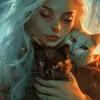 girl with white hair holding two cats in the orange light, in the style of artgerm, chiaroscuro portraitures, tom bagshaw, depictions of animals, dark white and light azure, captivating portraits, ken