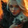 girl with white hair holding two cats in the orange light, in the style of artgerm, chiaroscuro portraitures, tom bagshaw, depictions of animals, dark white and light azure, captivating portraits, ken