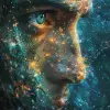 一个有着星空背景和眼睛的人，具有超现实主义象征主义风格，黑暗、不祥的色彩，暗物质艺术，对人类形态的现实描述，神经核心，描绘的被困情绪，magewave-ar 73：111 --styleum 750 --v 6