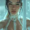 美丽的女性穿着未来派服装，手持剑，电影剧照风格，快照现实主义，嫩绿和白色，富士永恒生动500 t，chinapunk，赛博朋克现实主义，poolcore --ar 73：111 --styleston 750 --v 6