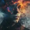 a person with a starry background, and eyes, in the style of surrealistic symbolism, dark, foreboding colors, dark matter art, realistic depictions of human form, neurocore, trapped emotions depicted,