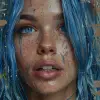 woman with blue hair, in the style of multi-layered collages, edgy street art, celebrity-portraits, cardboard, fragmented icons, realistic hyper-detail, crossed colors --ar 73:111 --stylize 750 --v 6