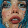女性脸部的印刷拼贴画，采用约瑟夫·科特（Josef Kote）、垃圾美女、dain yoon、青色和蓝色、高度详细的现实主义、多层构图、安东尼奥·曼奇尼（antonio mancini）--ar 73：111 --styleston 750 --v 6