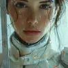 Beautiful female in futuristic attire holding a sword, in the style of movie still, snapshot realism, light green and white, fujifilm eterna vivid 500t, chinapunk, cyberpunk realism, poolcore --ar 73:
