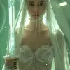 美丽的女性穿着未来派服装，手持剑，电影剧照风格，快照现实主义，嫩绿和白色，富士永恒生动500 t，chinapunk，赛博朋克现实主义，poolcore --ar 73：111 --styleston 750 --v 6