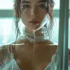 美丽的女性穿着未来派服装，手持剑，电影剧照风格，快照现实主义，嫩绿和白色，富士永恒生动500 t，chinapunk，赛博朋克现实主义，poolcore --ar 73：111 --styleston 750 --v 6