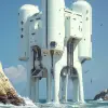 未来派白色建筑，矗立在大海中的高高支柱上，采用迈克尔·惠兰（Michael Whelan）、拉尔夫·麦夸里（Ralph McQuarrie）和约翰·伯基（John Berkey）的风格，70年代科幻奇幻艺术风格-ar 45：64