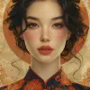 螺旋画，女性肖像风格，深橙色和浅金色，亚洲风格的主题，编辑插图，美丽的女性，禅宗佛教的影响，黄色和红色--ar 73：104 --styleum 750 --v 6