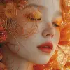 spirographing, in the style of feminine portraiture, dark orange and light gold, asian-inspired motifs, editorial illustrations, beautiful women, zen buddhism influence, yellow and red --ar 73:104 --s