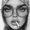 detailed black and white drawing of an attractive woman with freckles, wearing large round glasses, a bandana on her head, tattoos all over her face, smoking a cigarette, looking straight ahead, in th