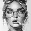 详细的黑白画，画的是一位有雀斑的迷人女人，戴着大大的圆眼镜，头上戴着头巾，脸上满是纹身，抽着一支烟，直视前方，风格老派纹身艺术--ar 73：105 --styleston 750