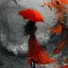 一幅举着红伞的女人的画作，流畅的动感笔法，质感的画布，优雅的平衡，深橙色和白色，旋转，我不敢相信这有多漂亮，充满活力的街头艺术家--ar 73：105 --styleston 750 --v6
