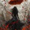 一幅举着红伞的女人的画作，流畅的动感笔法，质感的画布，优雅的平衡，深橙色和白色，旋转，我不敢相信这有多漂亮，充满活力的街头艺术家--ar 73：105 --styleston 750 --v6
