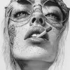 详细的黑白画，画的是一位有雀斑的迷人女人，戴着大大的圆眼镜，头上戴着头巾，脸上满是纹身，抽着一支烟，直视前方，风格老派纹身艺术--ar 73：105 --styleston 750