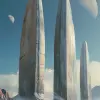 这是一个外星球的复古未来主义场景，三个大型、光滑的椭圆形结构高高矗立在前方的地面上。天空清澈蔚蓝，背景中可见两颗卫星。在图片的一个角落，还有另一个类似于巨大圆顶或圆锥形的结构，增加了规模感和奇妙感。以约翰·伯基的风格。--ar 11：16 --v 6.0
