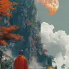 一位身穿橙色长袍的僧人坐在水边，风格为凯西·韦尔顿、本·templesmith、色彩缤纷的湍流、dao trong le、深青色和栗色、高分辨率、古泰群--ar 24：35 --styleum 750 --v 6
