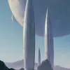 这是一个外星球的复古未来主义场景，三个大型、光滑的椭圆形结构高高矗立在前方的地面上。天空清澈蔚蓝，背景中可见两颗卫星。在图片的一个角落，还有另一个类似于巨大圆顶或圆锥形的结构，增加了规模感和奇妙感。以约翰·伯基的风格。--ar 11：16 --v 6.0