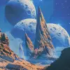 蔚蓝的天空，背景是三颗大型行星，下面沙漠般的地形顶部有几个巨大的三角形结构，采用罗杰·迪恩和让·吉罗的风格，科幻奇幻插图、笔触、油画、纹理、干净的线条、扁平的色彩、高度细致、超高分辨率、超现实。--ar 11：16 --v 6.0 